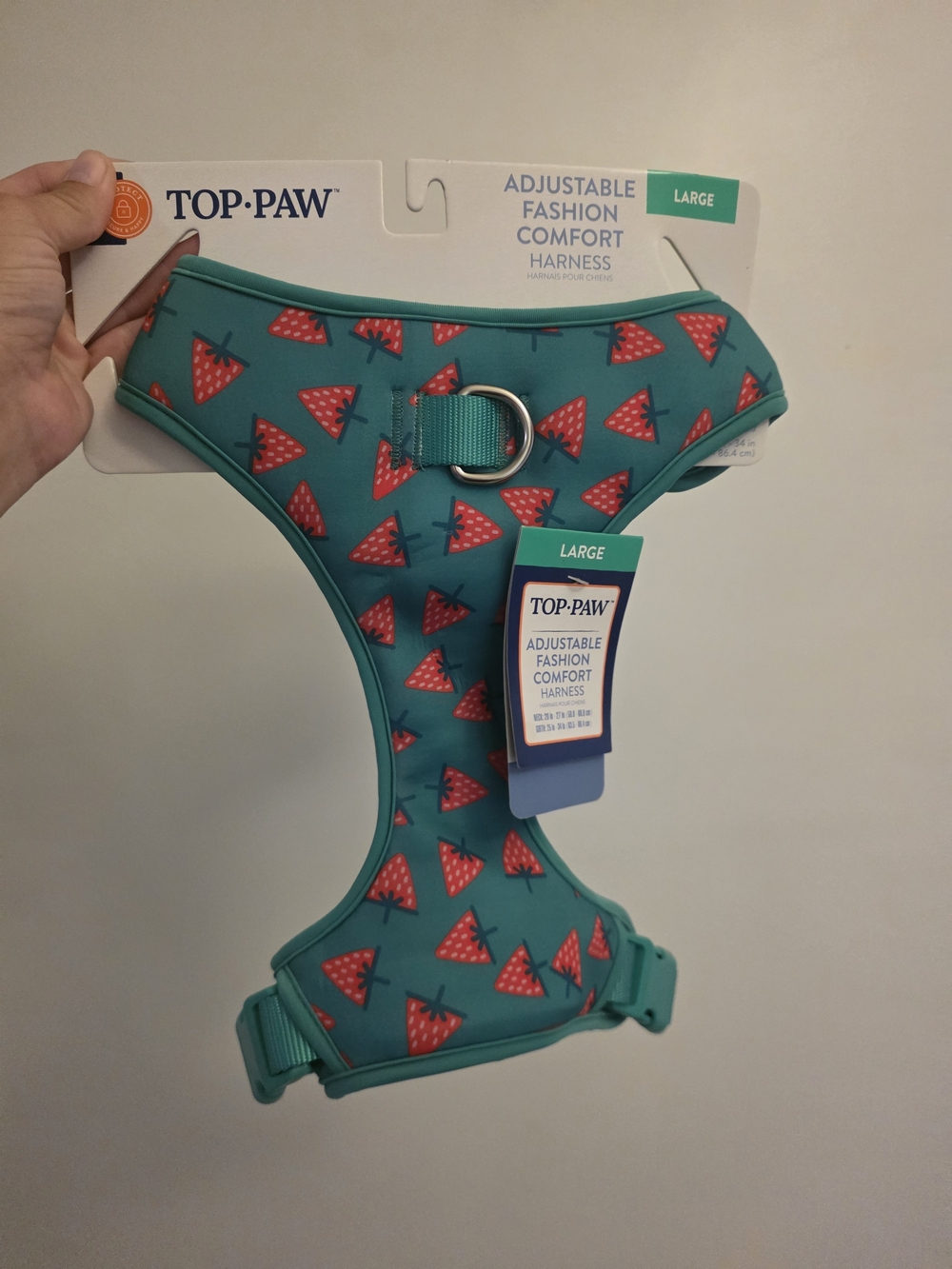 Top Paw Teal Harness with Red Strawberry Print - Adjustable Large
